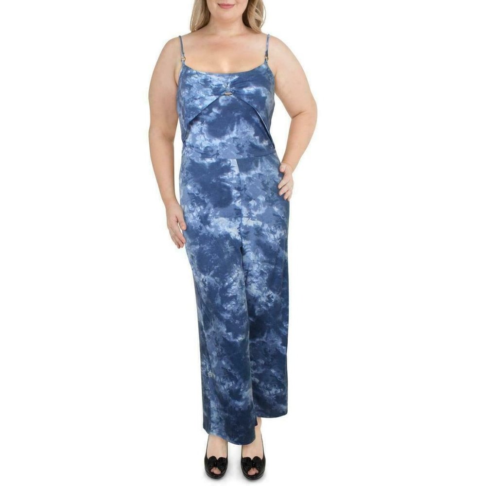 DEREK HEART Women's Blue Tie-Dye Wide Leg Jumpsuit Juniors Plus Size 1X
